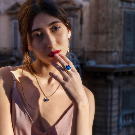 Anello artigianale ceramica in ottone, design moderno, fatta a mano in Italia, SICILIA