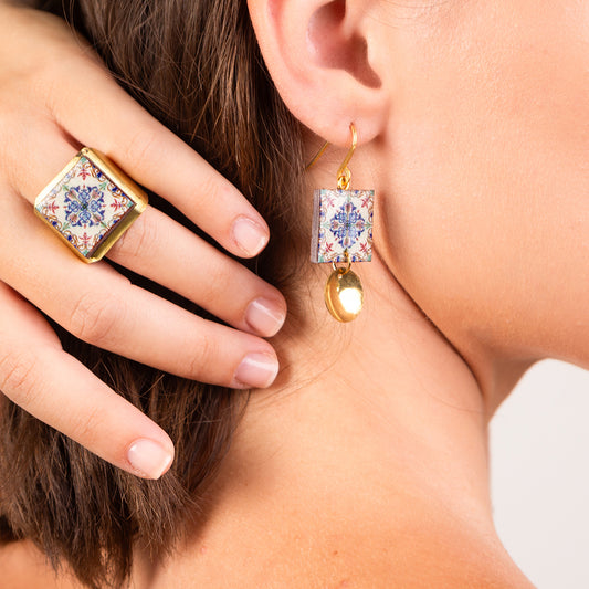 Anello artigianale maiolica in ottone, design moderno, fatta a mano in Italia, SICILIA