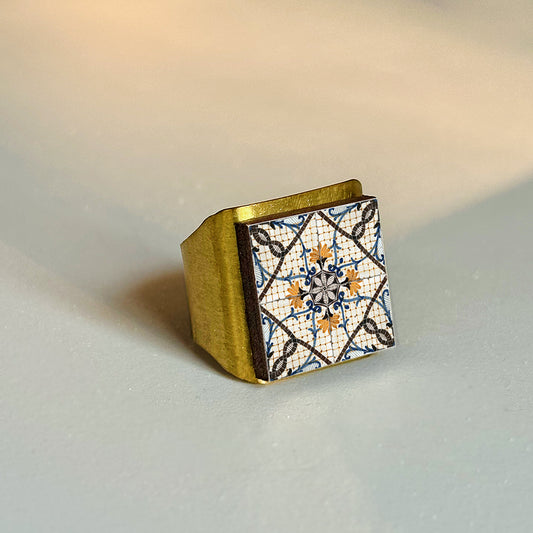 ANELLO artigianale maiolica in ottone, design moderno, fatta a mano in Italia, SICILIA