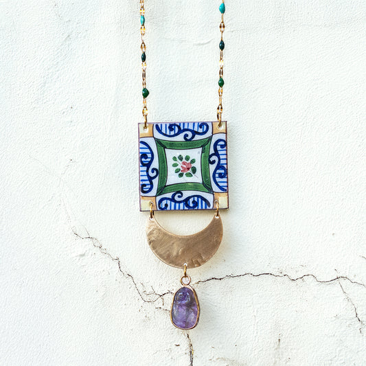 Collana artigianale maiolica in ottone, design moderno, fatta a mano in Italia, SICILIA