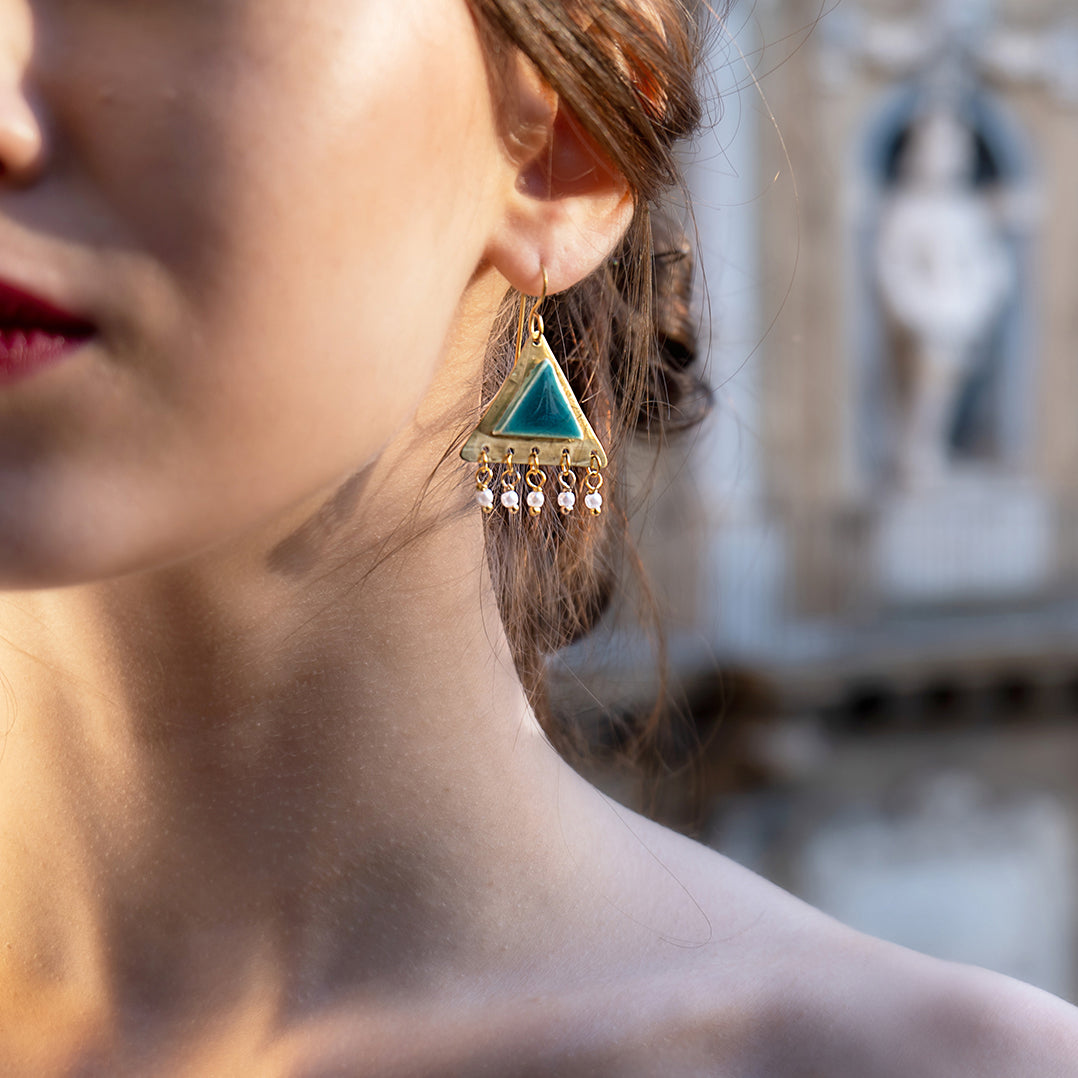 Orecchini artigianali ceramica in ottone, design moderno, fatta a mano in Italia, SICILIA